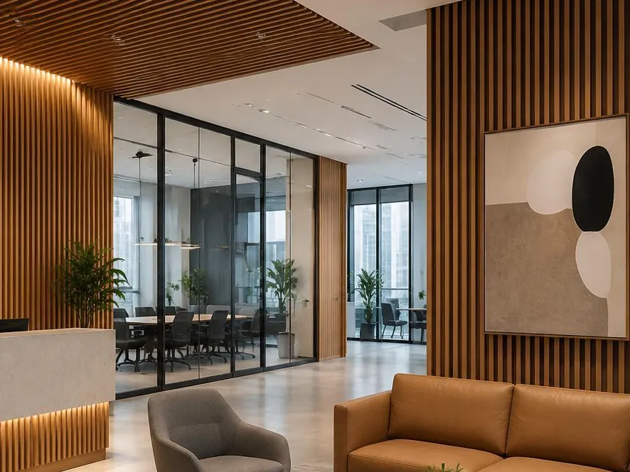 Office reception with timber slat wall and ceiling cladding beside a glass meeting room