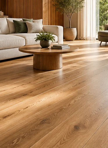 Living room with engineered wood flooring in a warm oak tone