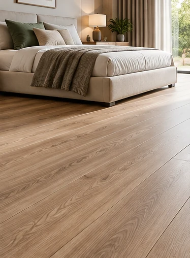 Bedroom with laminate flooring in a light oak design