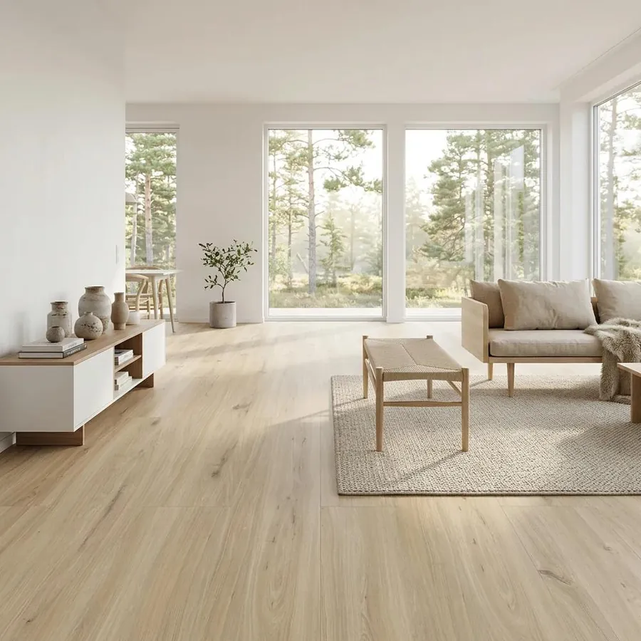Bright living room with pale oak-look flooring and tall windows