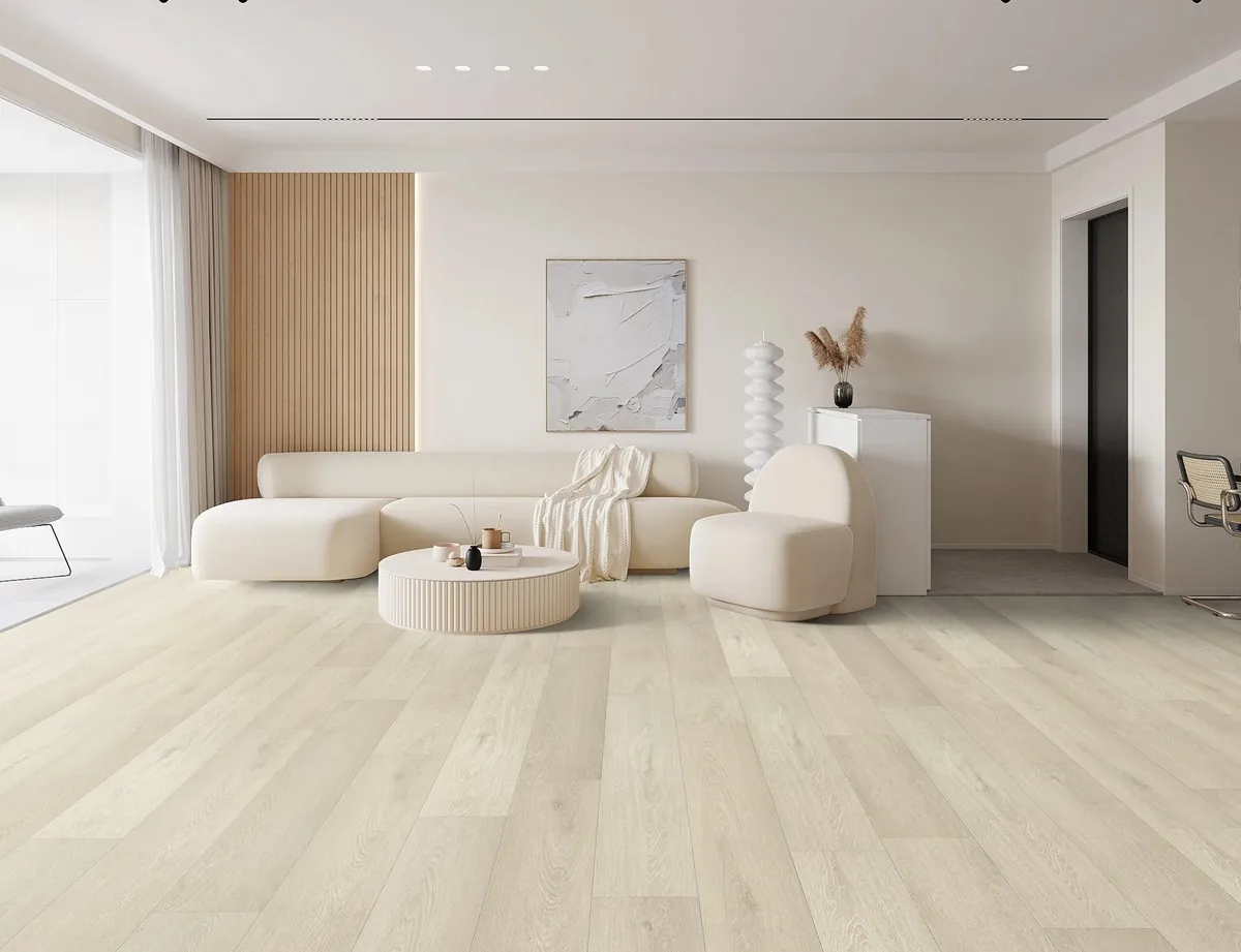 Bright living room with pale wood-look plank flooring and a slatted accent wall