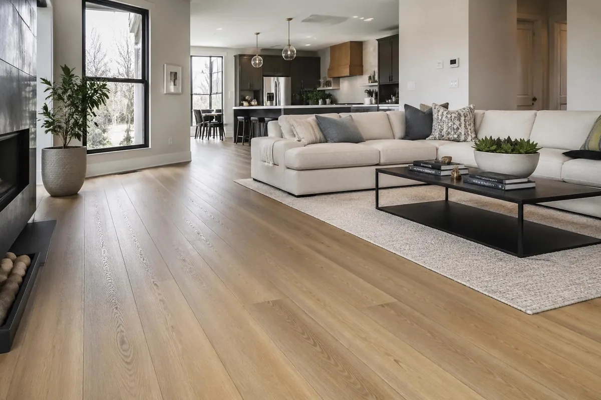 Open-plan living room with long wood-look flooring planks running towards the kitchen