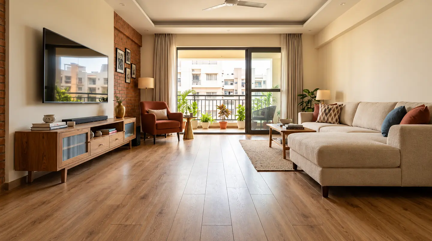 Apartment living room with oak wood-look flooring, a wall-mounted TV and a balcony beyond sliding doors