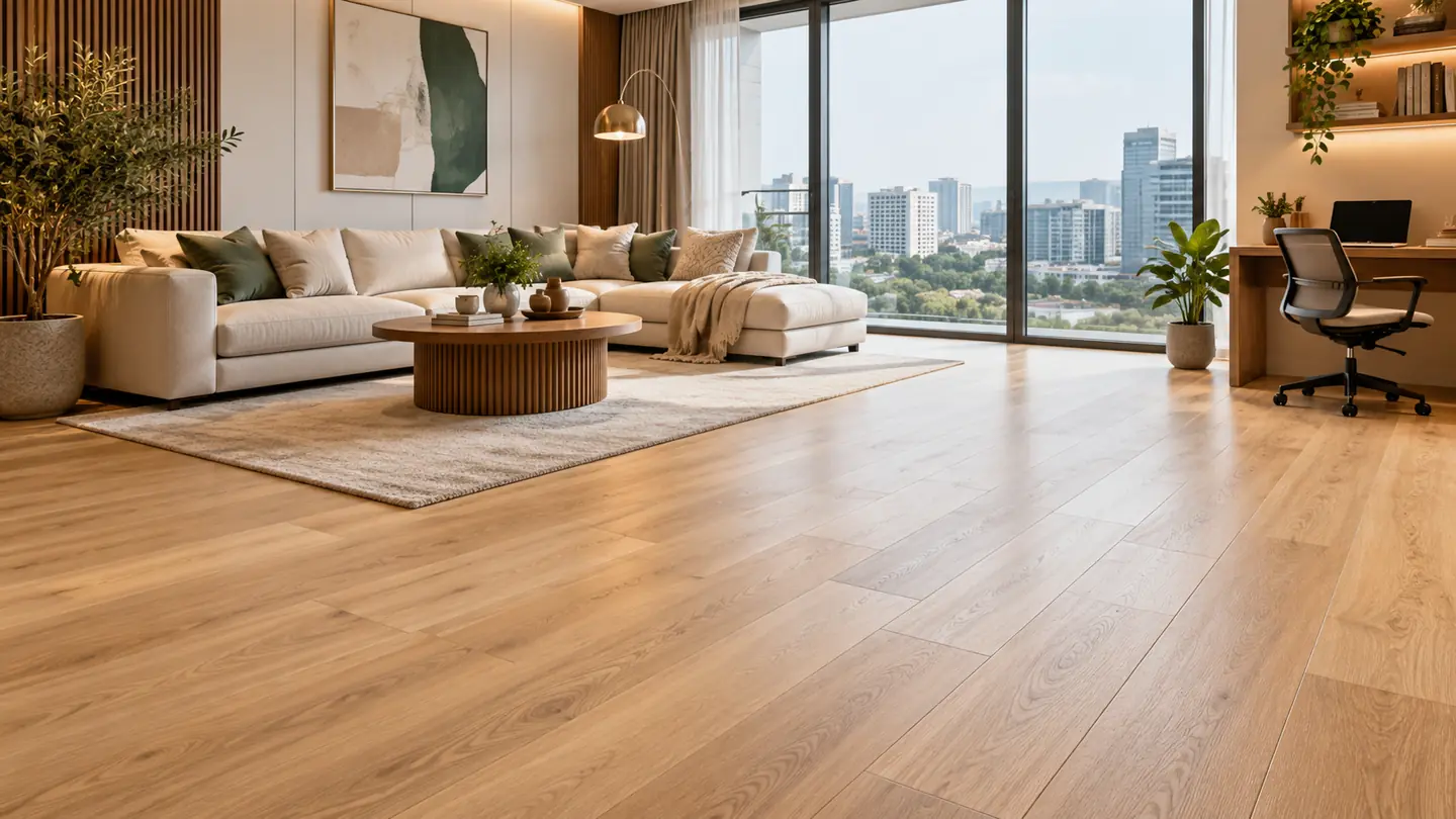 Living room with light oak wood-look flooring, a cream sofa and full-height windows over a city skyline