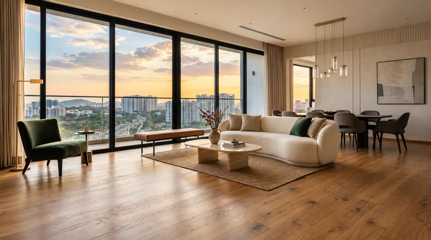 High-rise living and dining room with oak wooden flooring and floor-to-ceiling windows at sunset