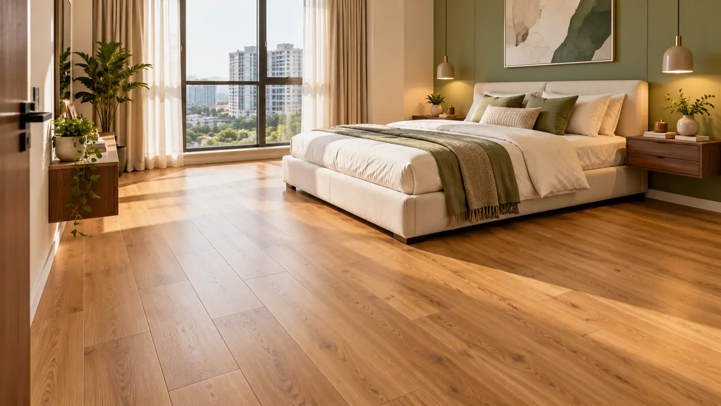 Bedroom with warm oak wood-look flooring, an upholstered bed and a window looking out to apartment towers