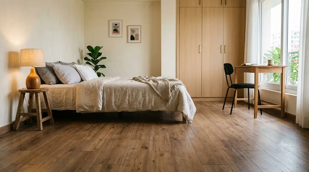 Bedroom with rustic oak wood-look flooring, a fitted wardrobe and a study desk by the window