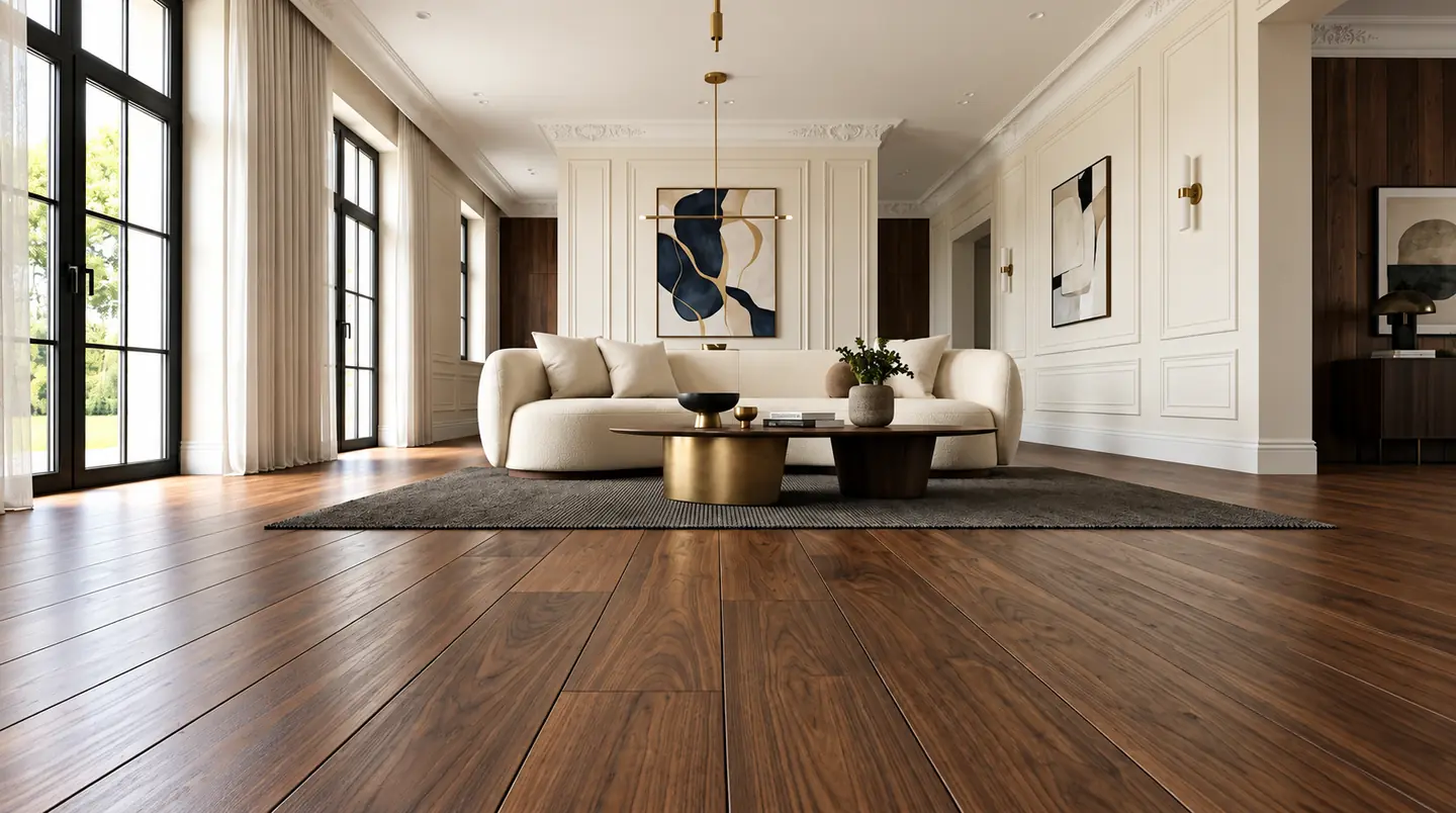 Large living room with dark walnut wide-plank flooring, panelled walls and tall glazed doors