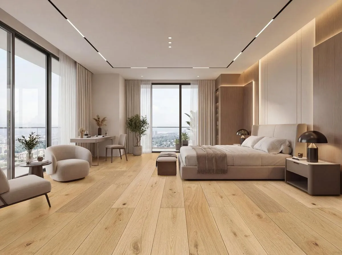 Bedroom with wide-plank natural oak wooden flooring and floor-to-ceiling windows