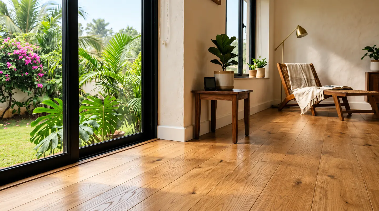 Oak wooden floor in a sunlit room beside sliding doors that open onto a tropical garden