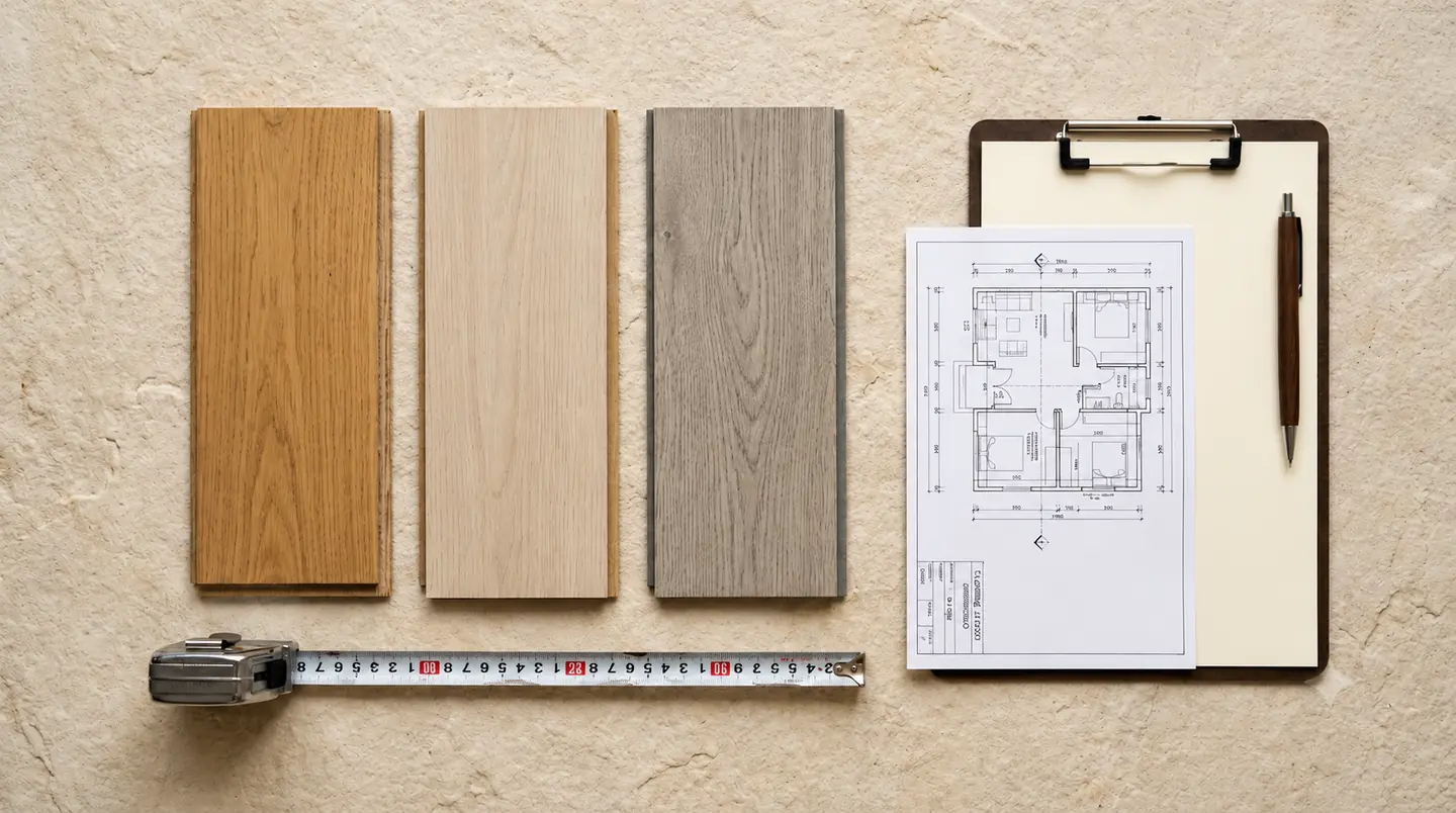 Three flooring plank samples beside a tape measure, a floor plan and a clipboard
