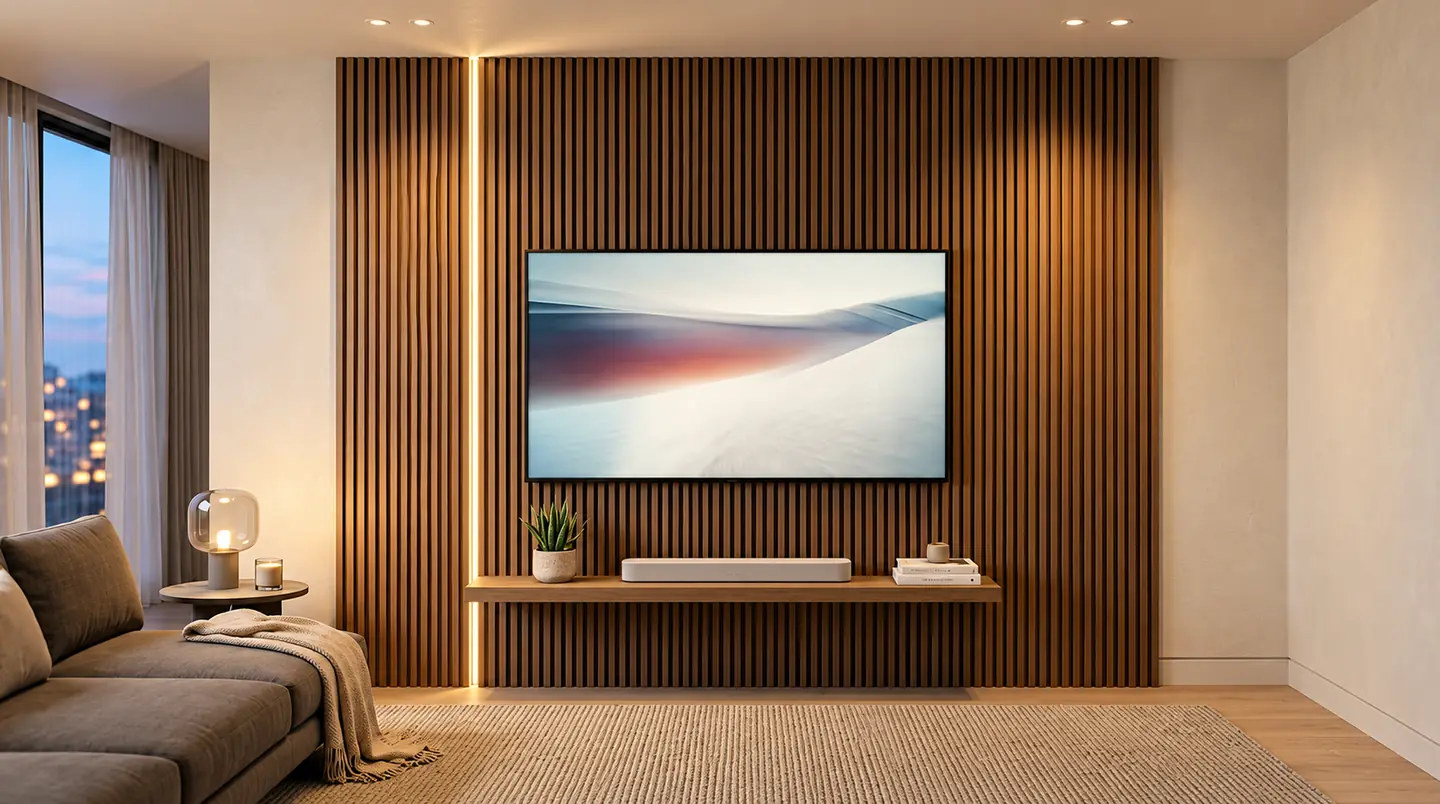 Wall-mounted TV on a backlit fluted wood-look panel wall above a floating shelf