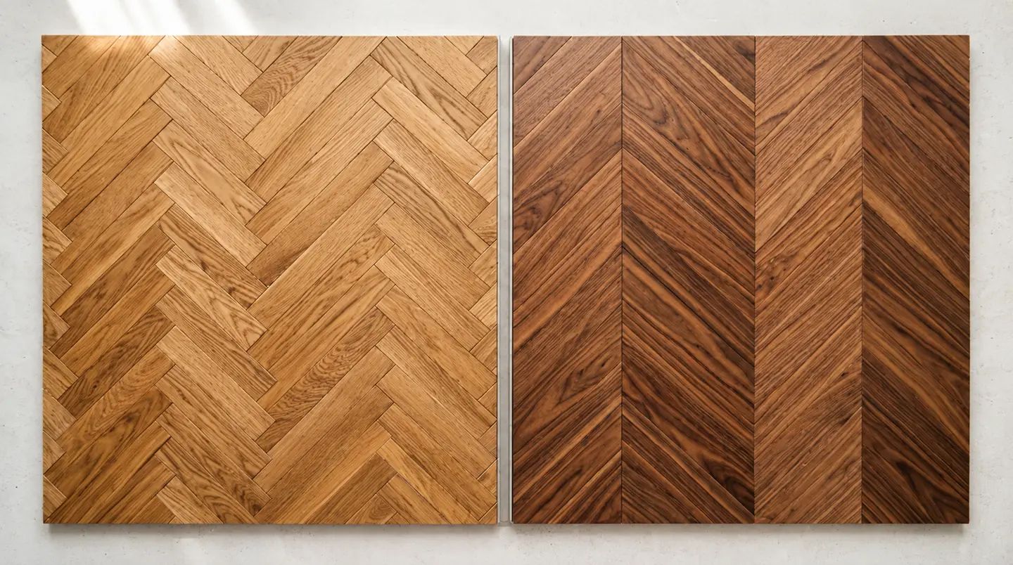 Two sample boards side by side: oak laid in a herringbone pattern and walnut laid in a chevron pattern