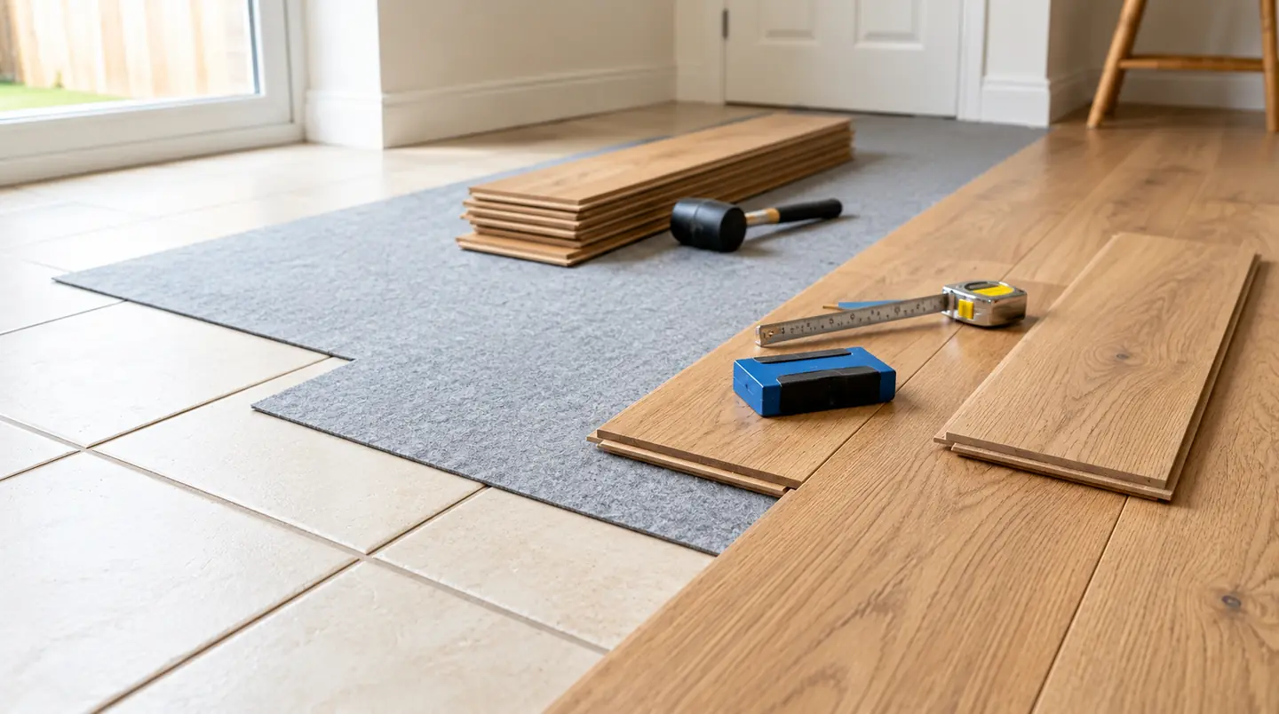 Wood-look planks and grey underlay being laid over an existing tiled floor