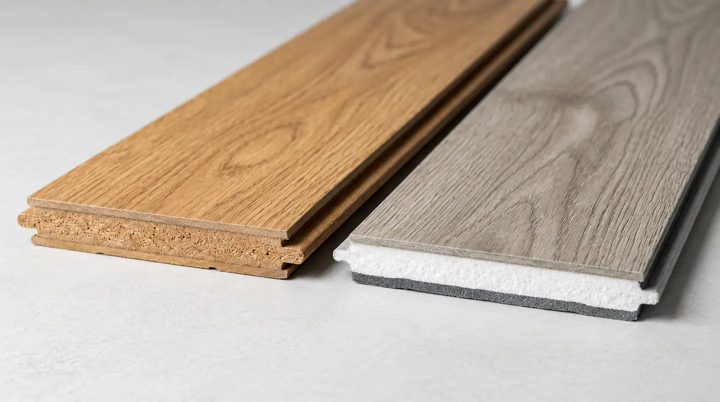 Two flooring planks side by side, cut to show their different cores