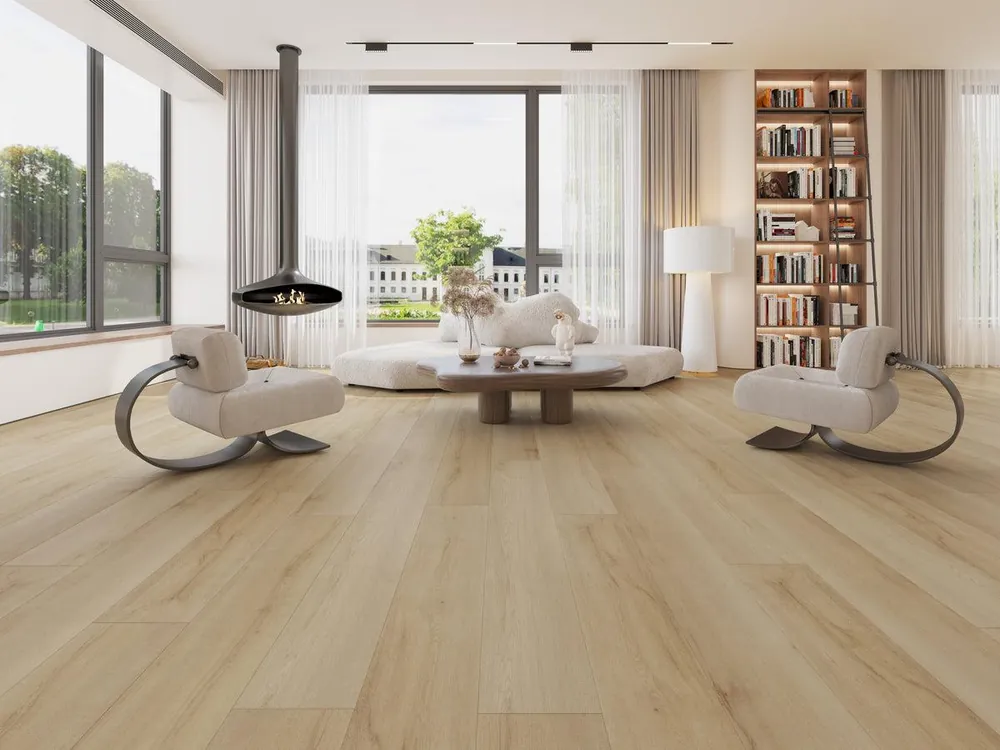 Modern lounge with wide wood-look flooring planks and a wall of bookshelves