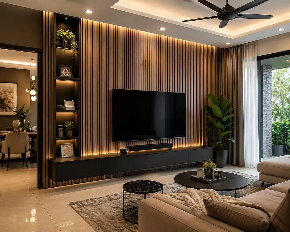 Living room TV wall finished in backlit fluted wood-look decorative wall panels