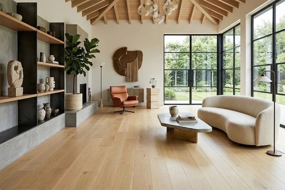 Living room with wide oak wooden floorboards, exposed timber beams and garden-facing windows